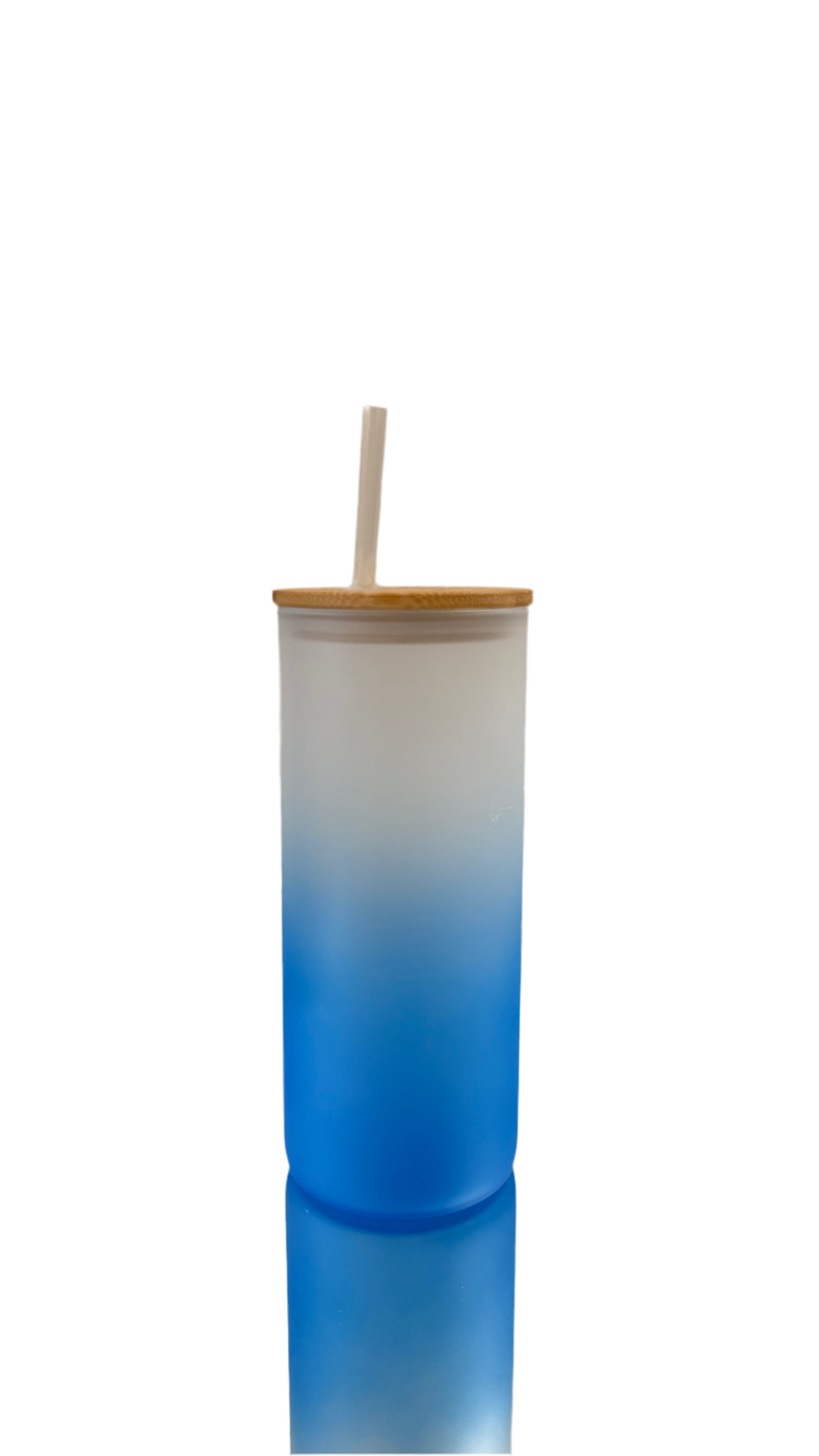 Blue frosted tumbler with bamboo lid and straw – eco-friendly custom drinkware for everyday use or gifting.