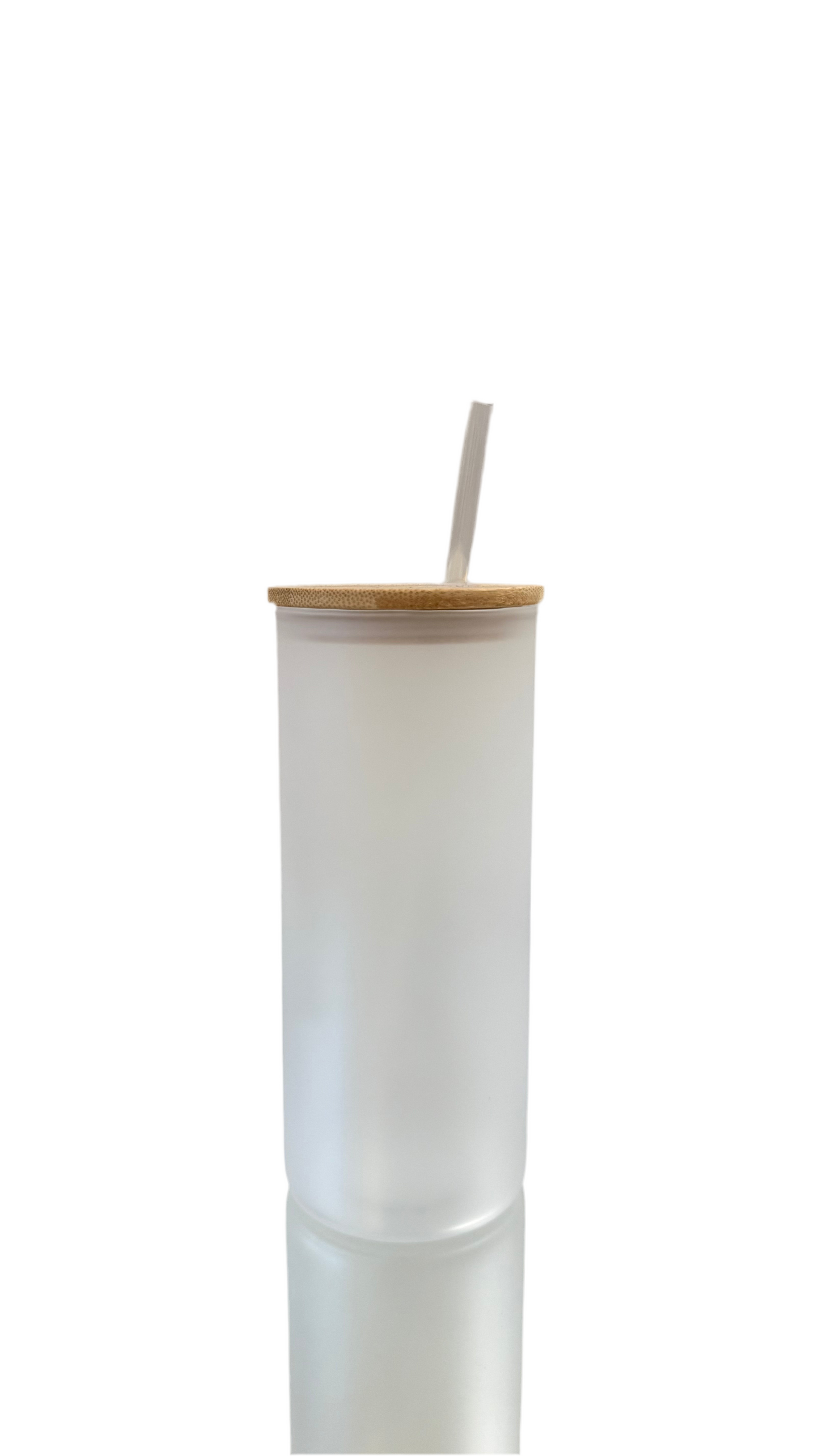 Clear frosted glass tumbler with bamboo lid and straw – customizable drinkware for weddings, gifts, and daily use.
