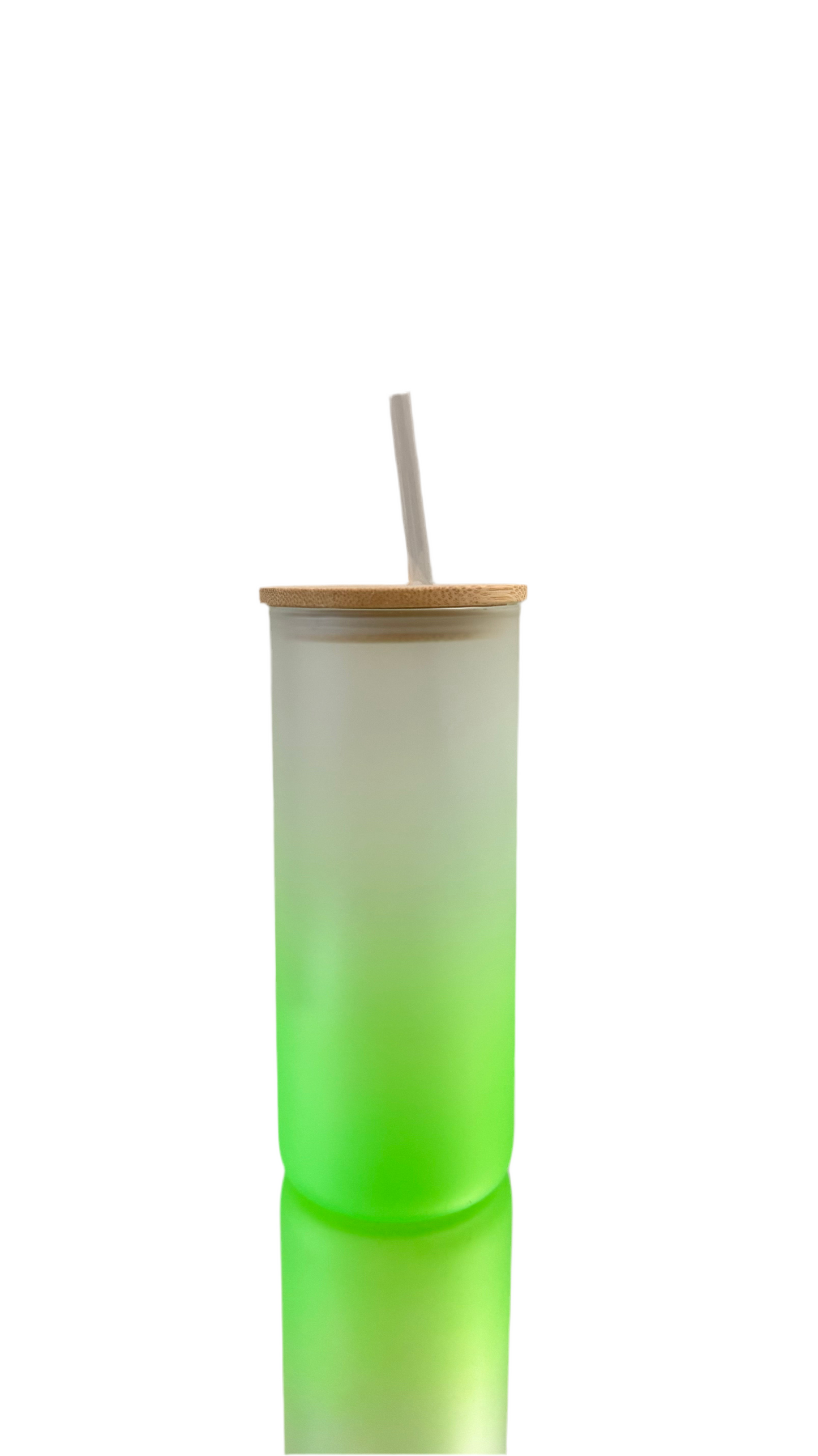 Green frosted glass tumbler with bamboo lid and straw – reusable personalized cup for gifts and events.