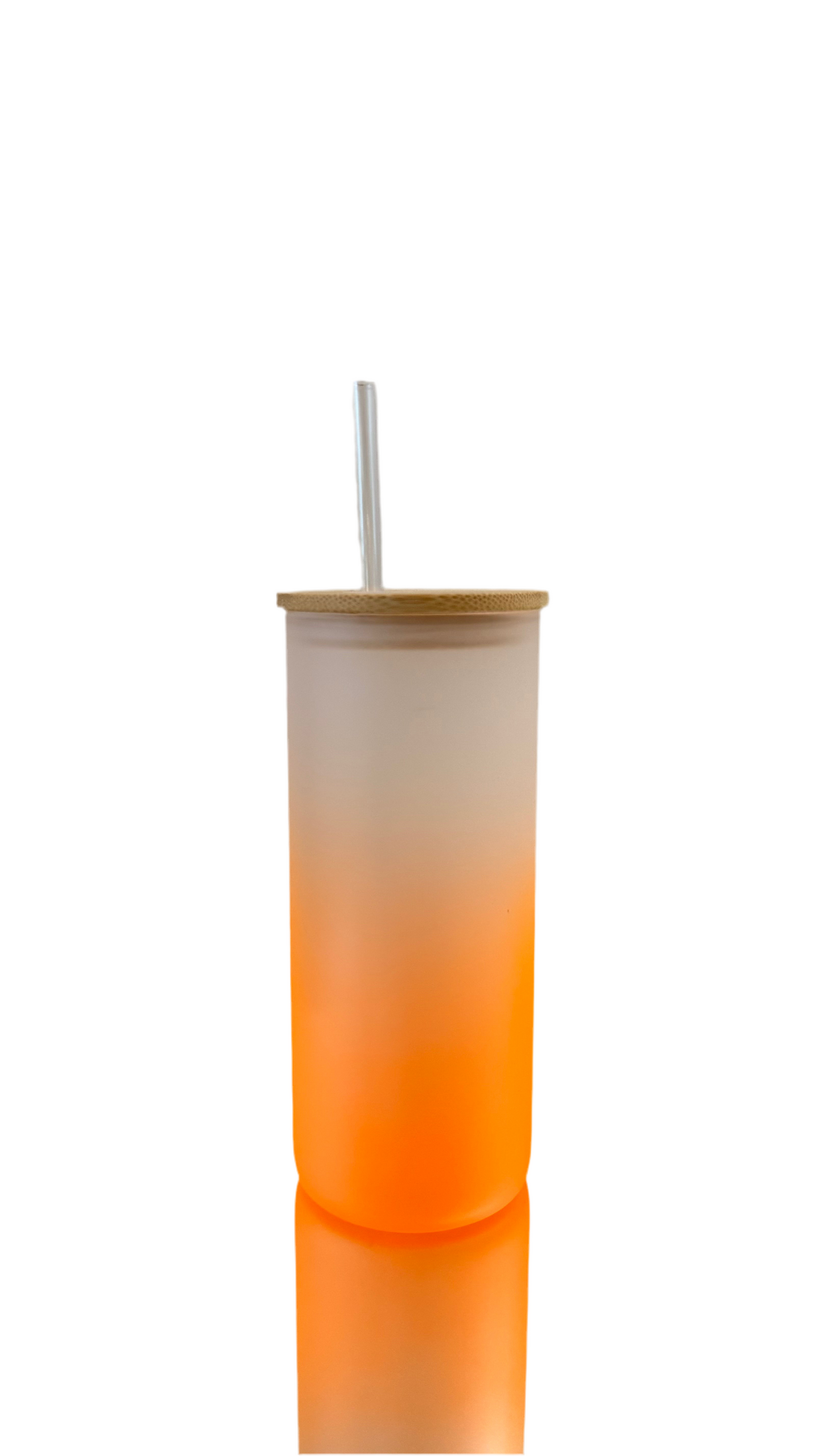 Orange frosted tumbler with bamboo lid and straw – reusable cup perfect for parties or personal use.