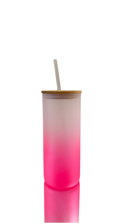 Pink frosted tumbler with bamboo lid and straw – personalized bridesmaid or birthday gift idea.