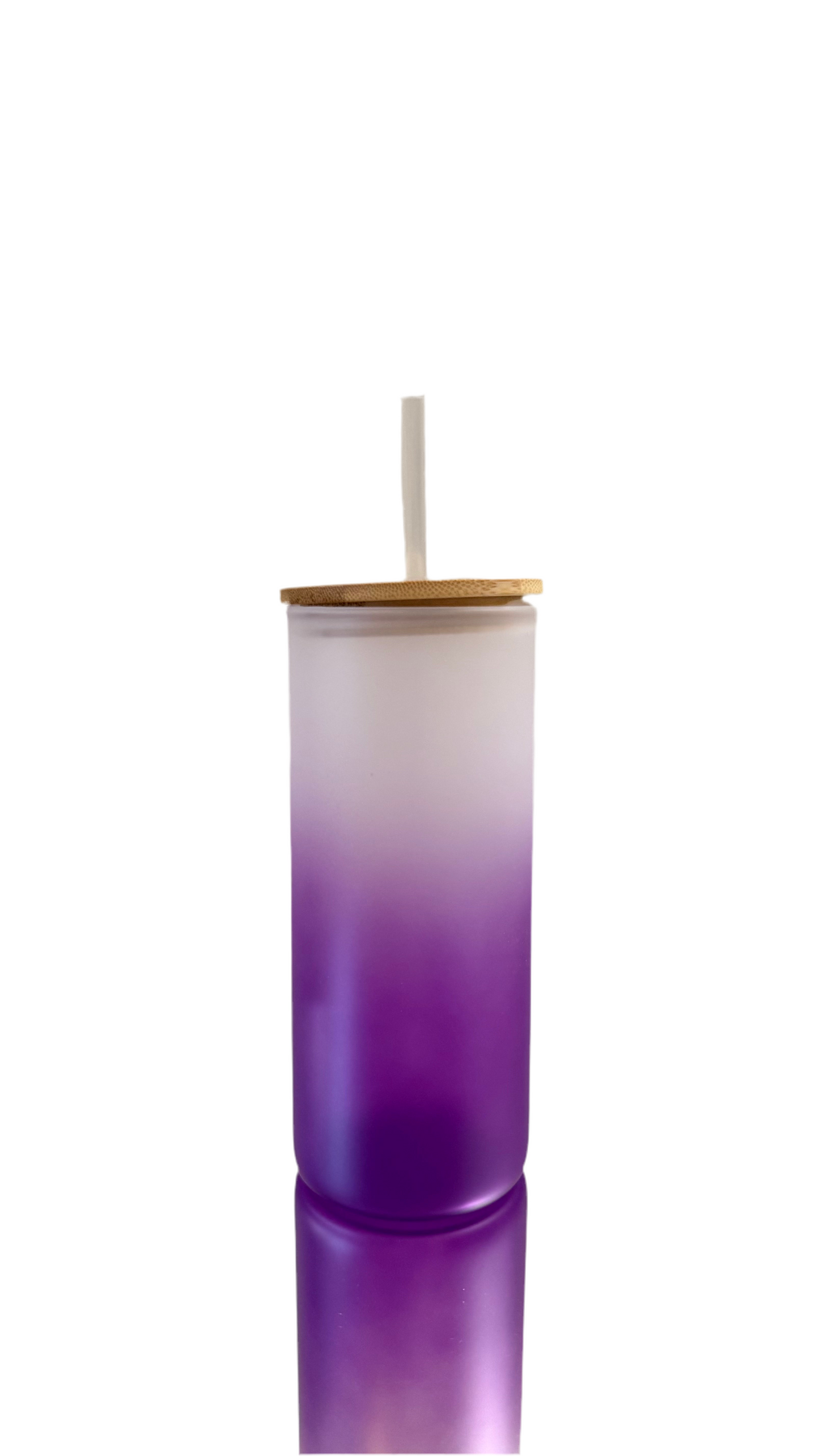 Purple frosted glass tumbler with bamboo lid and straw – stylish personalized gift idea.