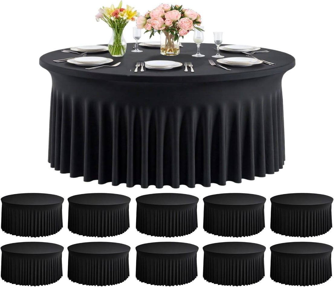 Round table with black tablecloth and floral centerpieces – elegant event rental setup for weddings, parties, and events in Oregon.